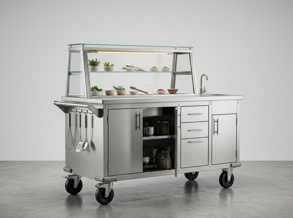Custom SS Food Cart with Illuminated Display - Commercial Kitchen Equipment Mangaluru